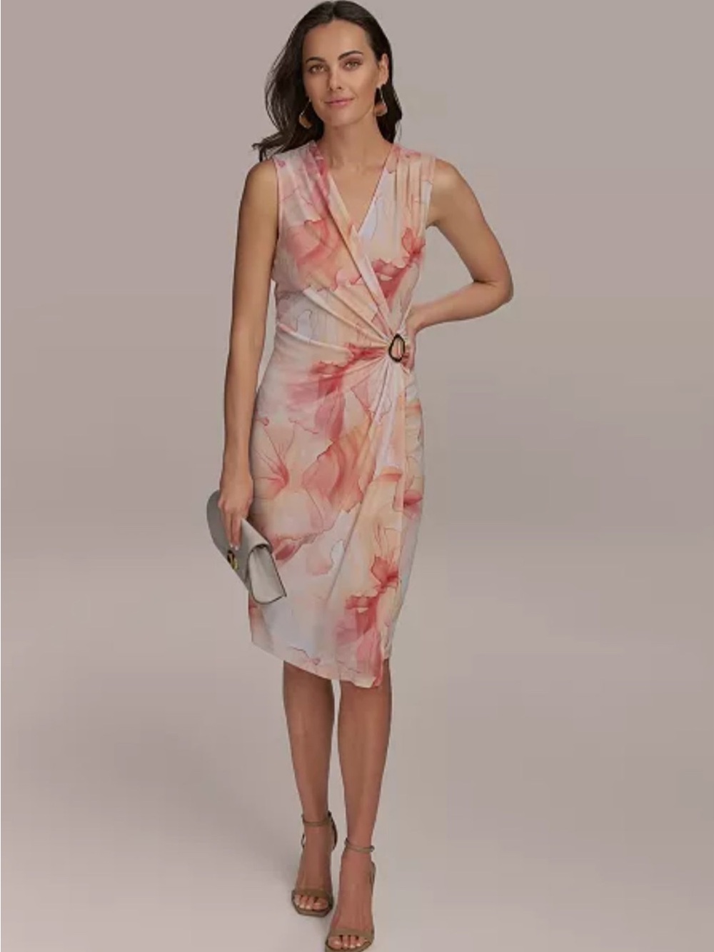 Donna Karan Peach and Cream Floral Faux-Wrap Midi Dress with Gold Buckle